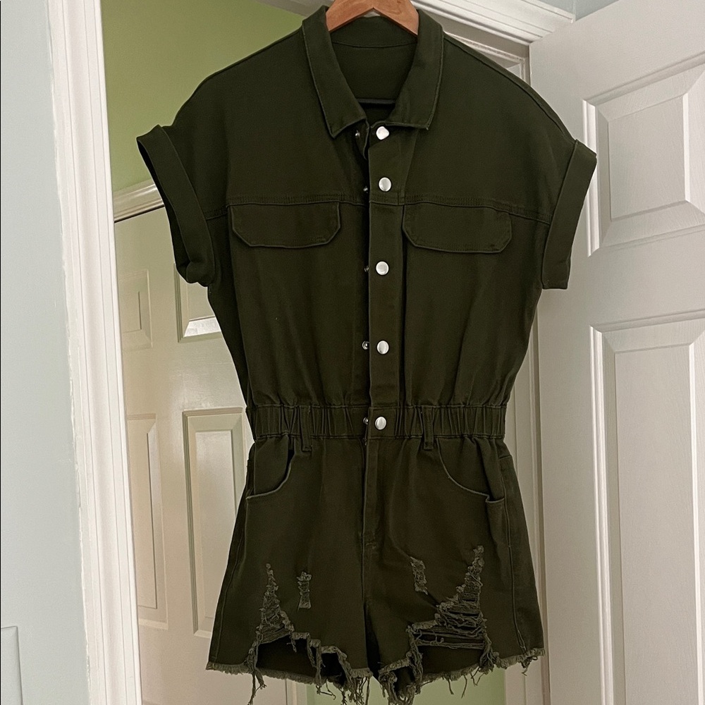 Olive Green Button-Up Romper